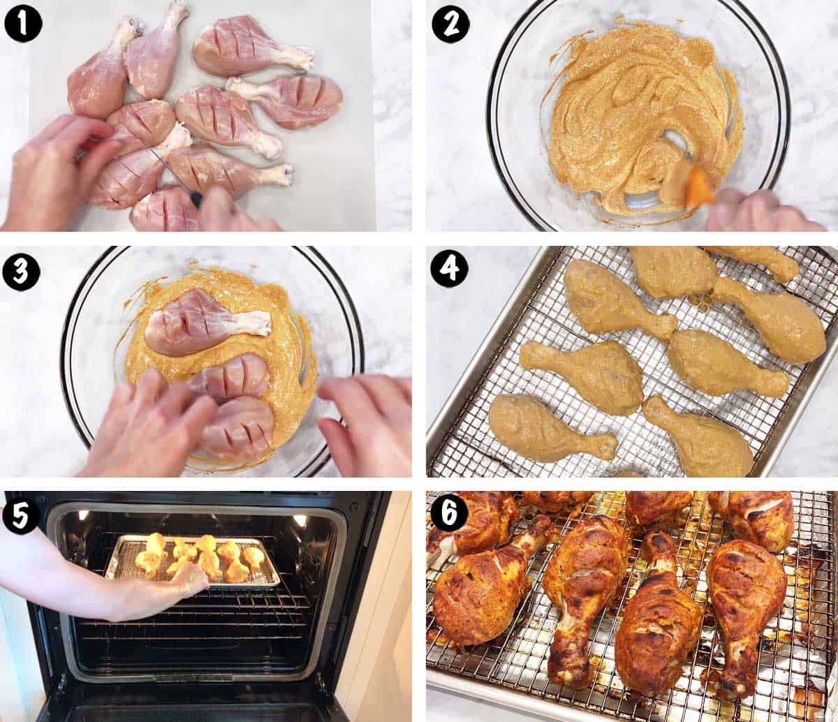 A six-photo collage showing the steps for making tandoori chicken in the oven. 