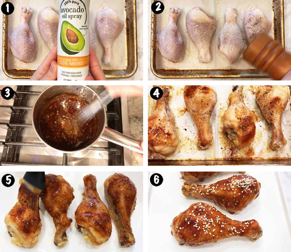 A six-photo collage showing the steps for making teriyaki chicken. 