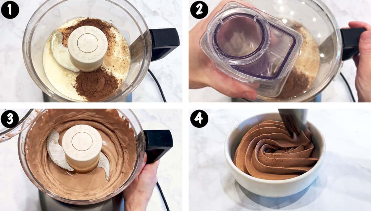 A four-photo collage showing the steps for making chocolate whipped cream. 