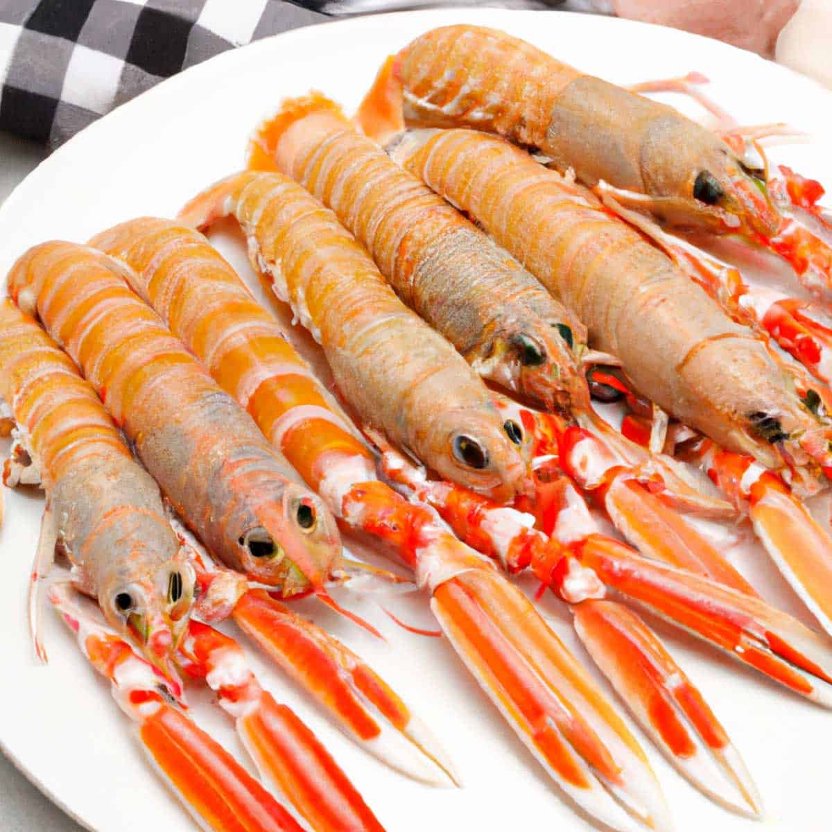 Raw langoustines on a white plate.