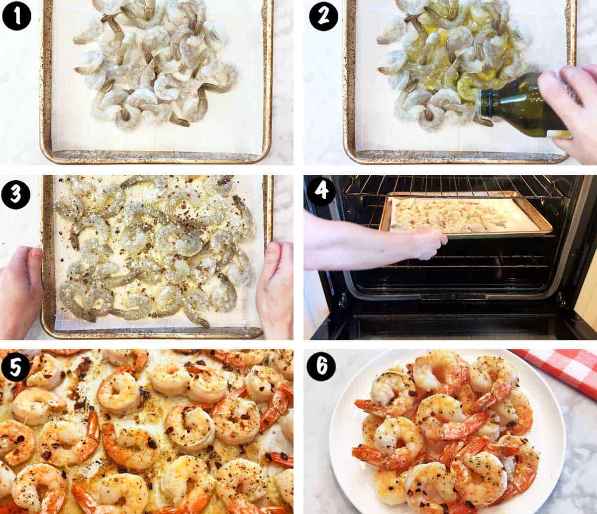 A six-photo collage showing the steps for baking shrimp in the oven. 