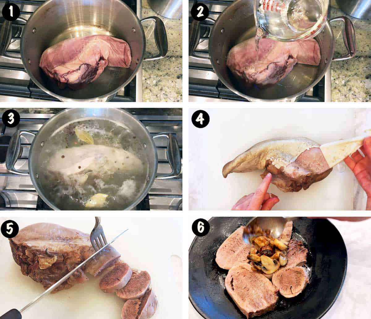 A photo collage showing the steps for cooking beef tongue. 