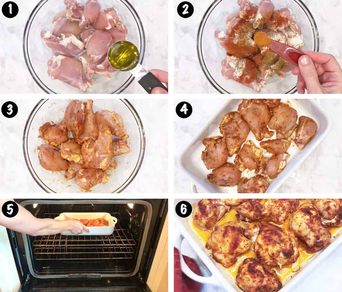 A six-photo collage showing the steps for baking boneless chicken thighs. 