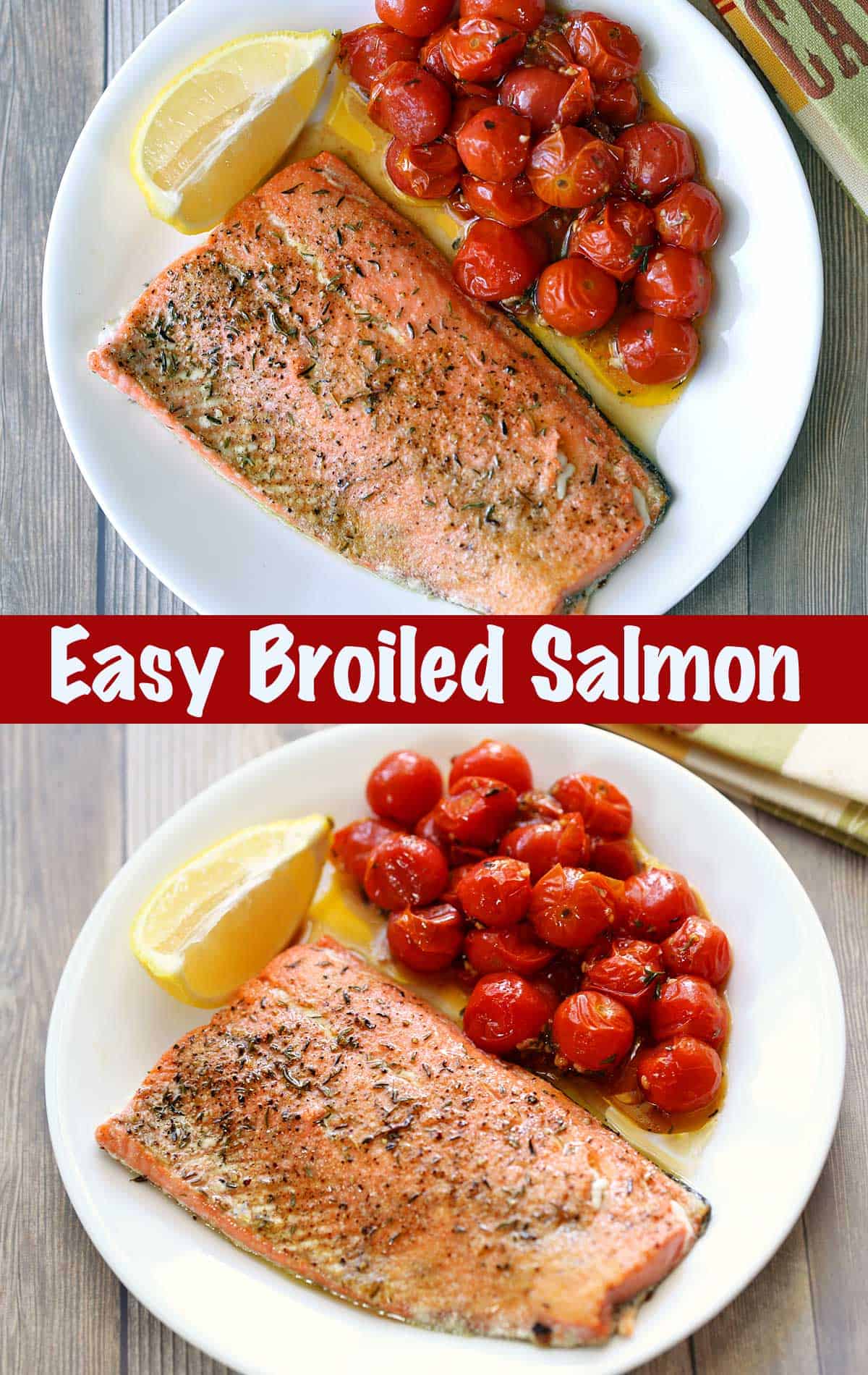 Broiled salmon served on a white plate with a side of cherry tomatoes. 