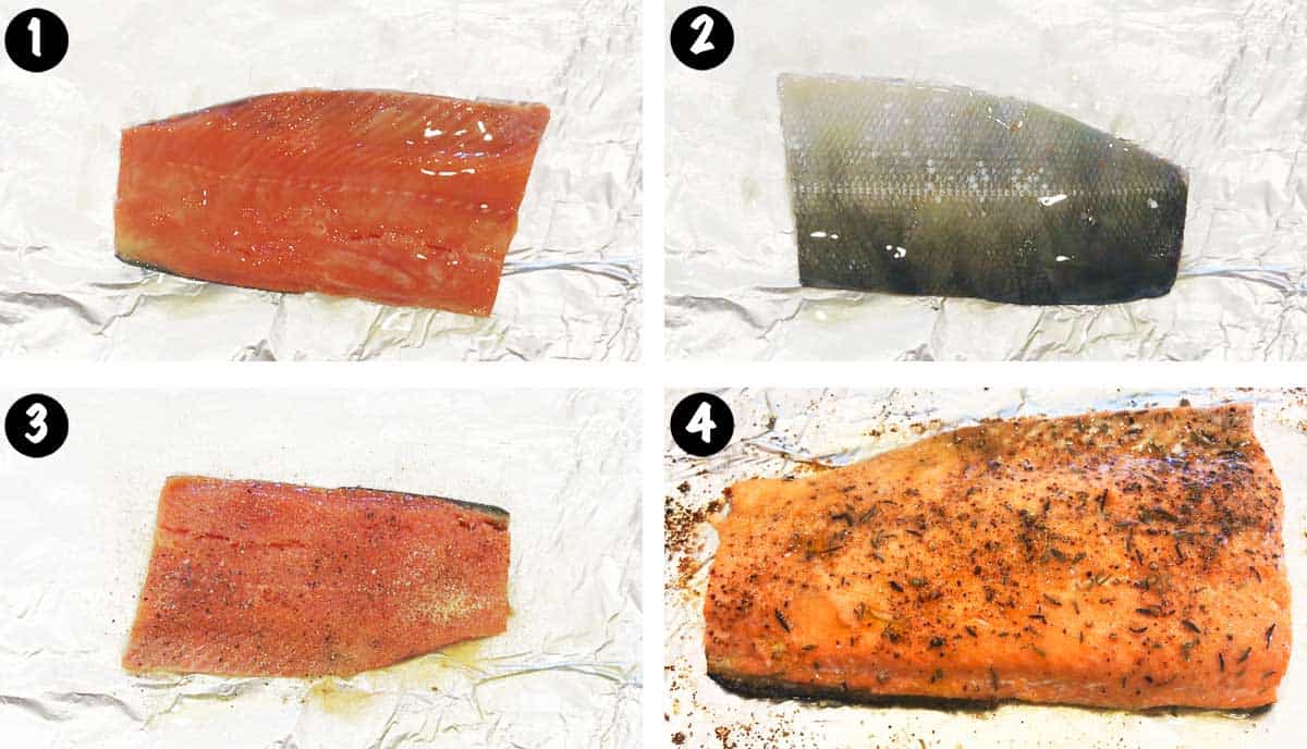 A four-photo collage showing the steps for broiling salmon. 