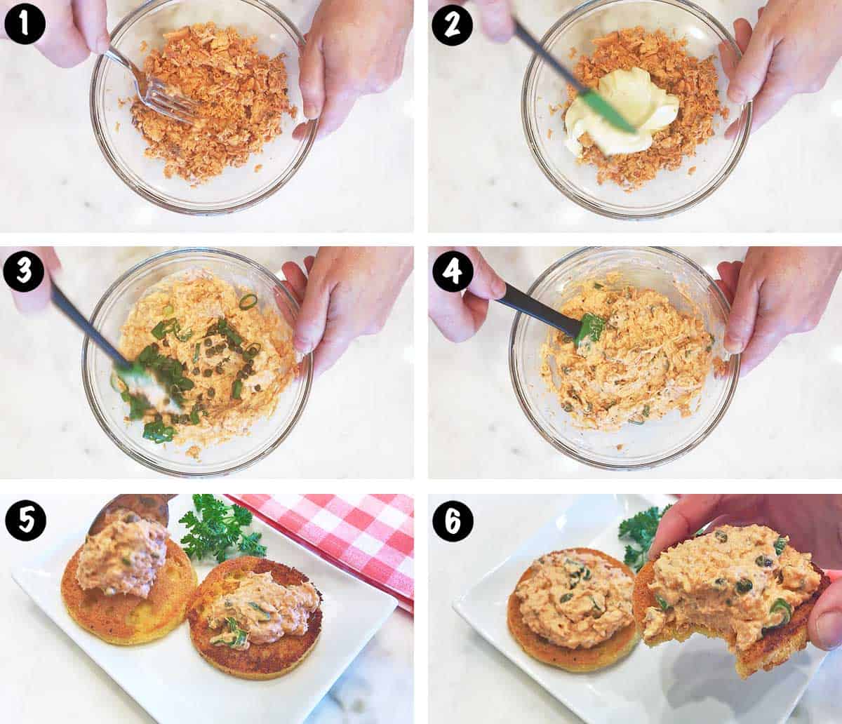 A photo collage showing the steps for making a canned salmon salad. 
