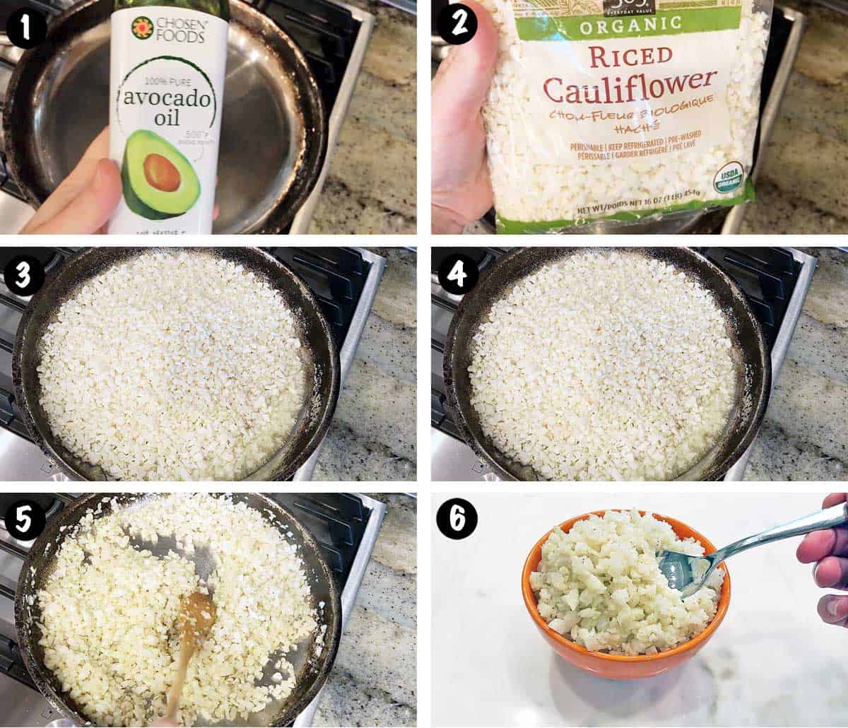 A six-photo collage showing the steps for making riced cauliflower. 