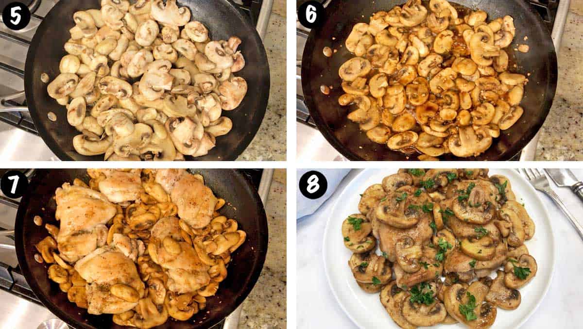 A photo collage showing steps 5-8 for making chicken and mushrooms. 
