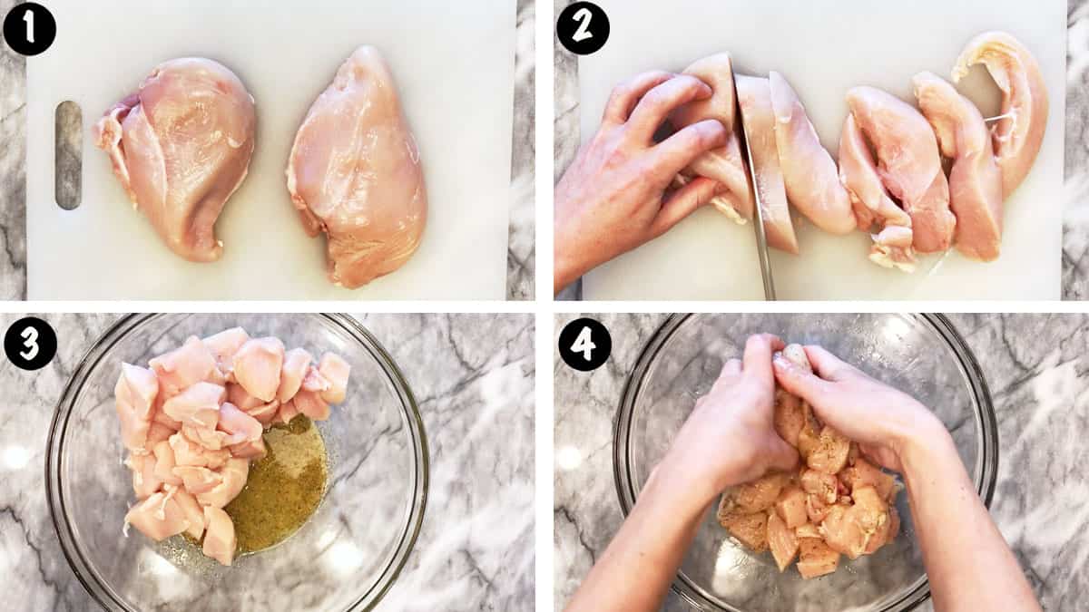 A photo collage showing steps 1-4 for making oven-baked chicken kabobs. 