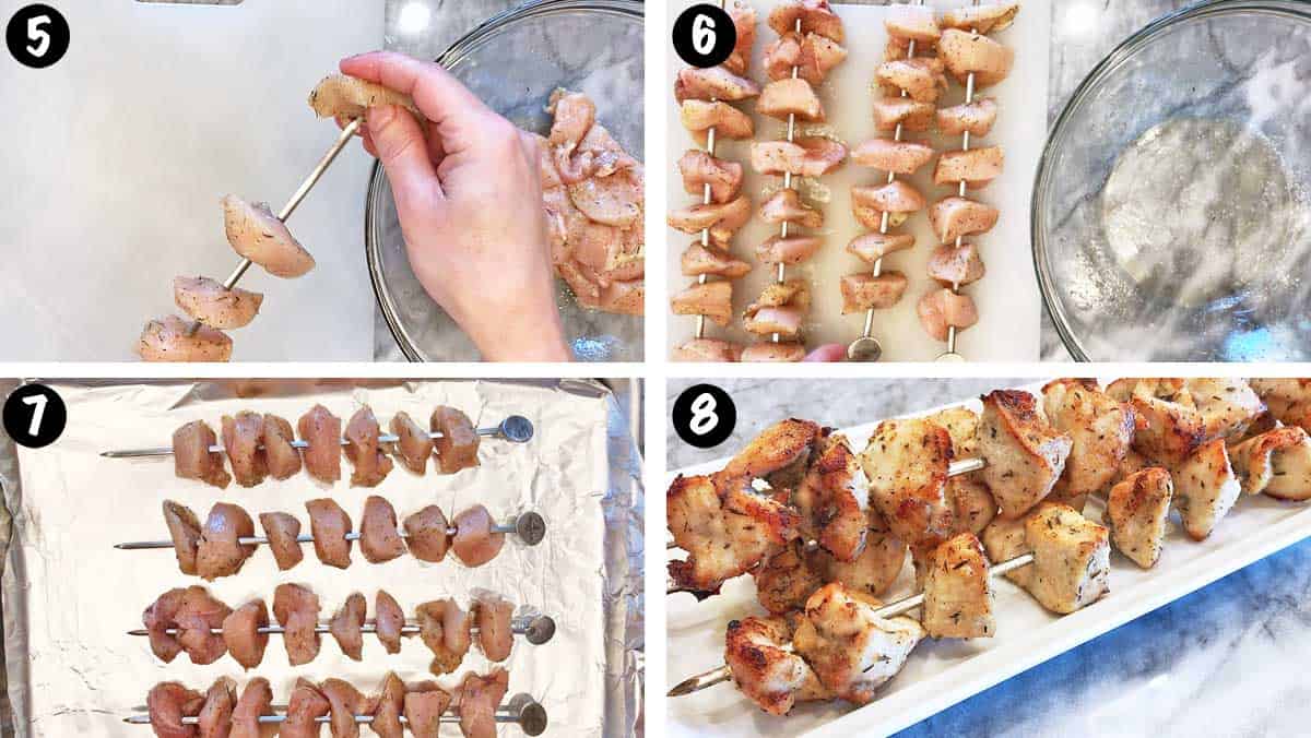 A photo collage showing steps 5-8 for making chicken kabobs in the oven.