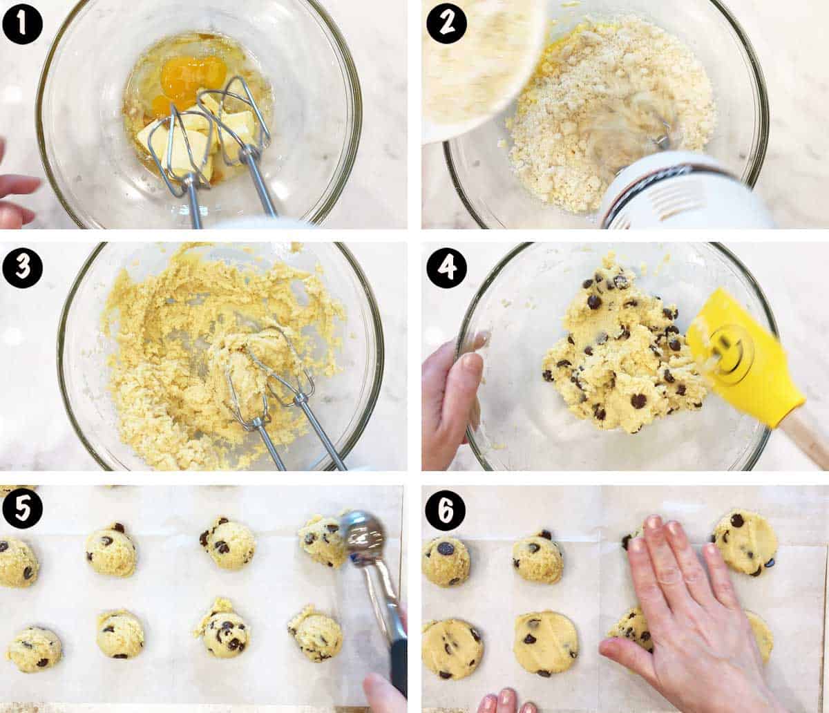 A six-photo collage showing the steps for baking keto chocolate chip cookies. 