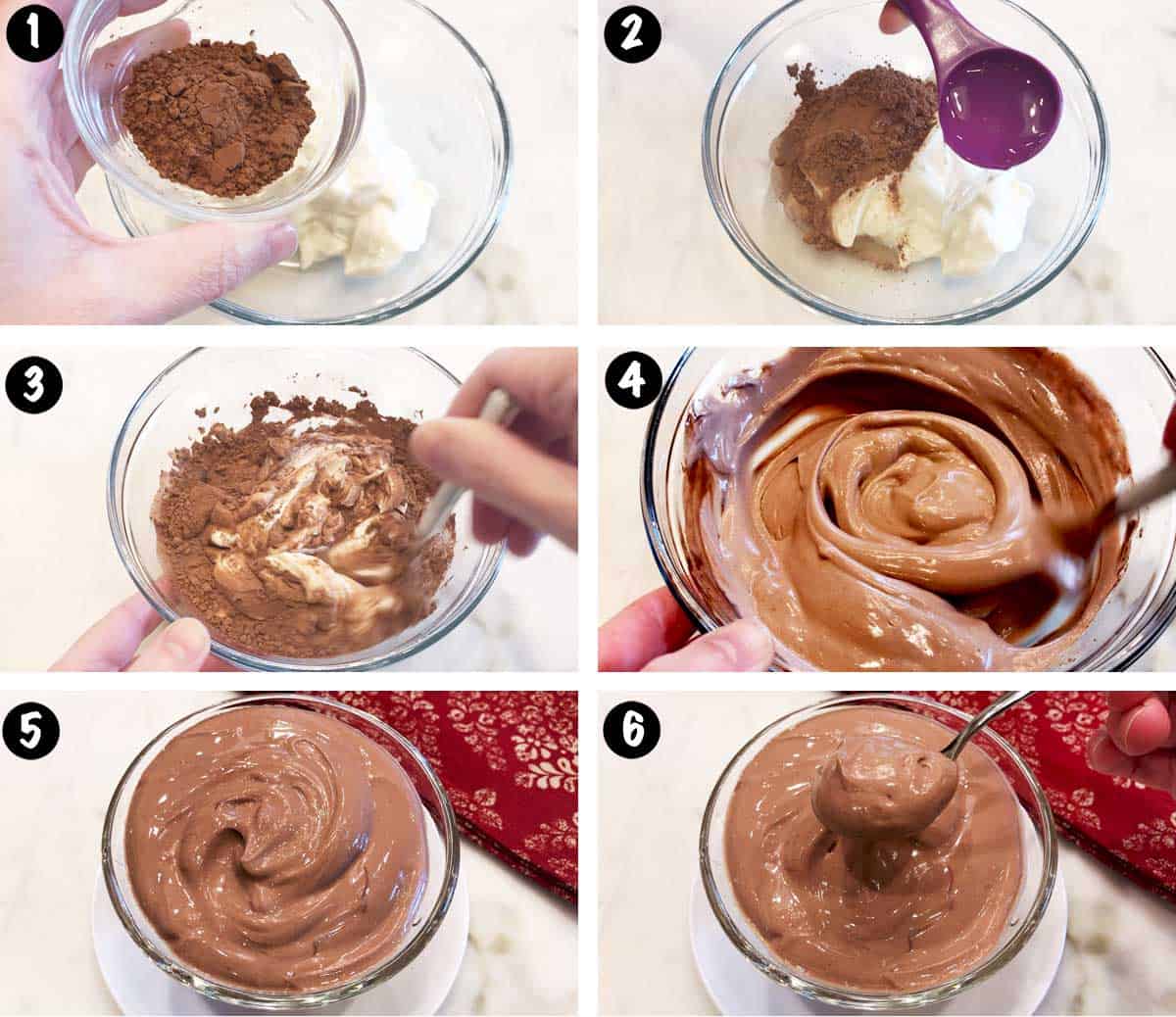 A photo collage showing the steps for making chocolate yogurt. 