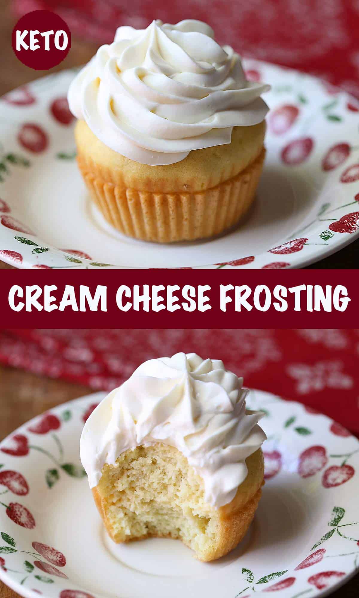 A 2-photo collage showing a cupcake topped with keto cream cheese frosting. 