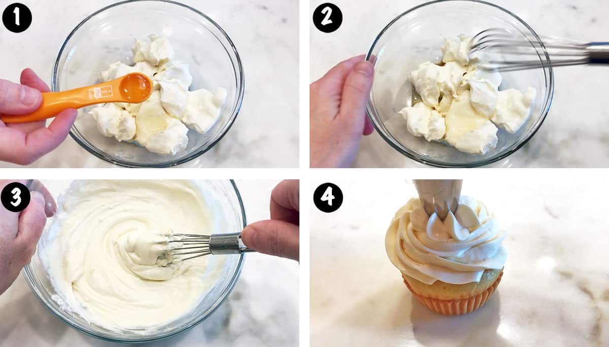 A photo collage showing the steps for making low-carb cream cheese frosting. 
