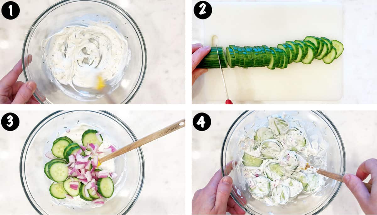 A four-photo collage showing the steps for making a creamy cucumber salad with sour cream. 