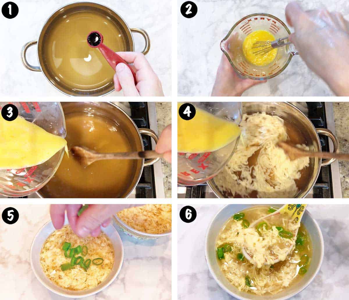 A photo collage showing the steps for making an egg drop soup. 