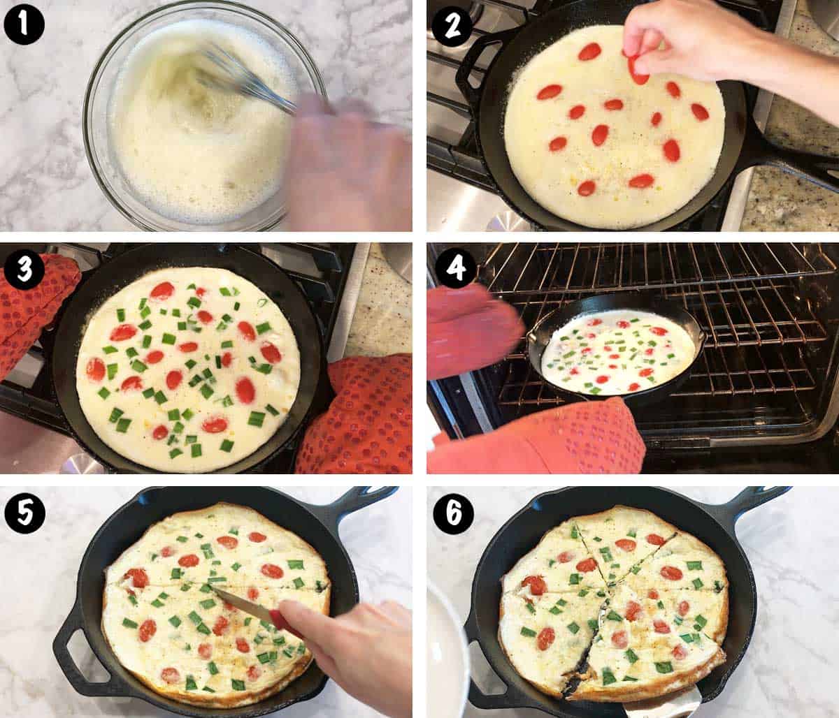 A photo collage showing the steps for making an egg white frittata. 