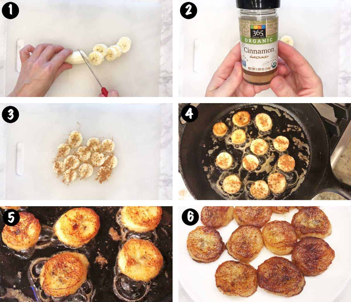 A photo collage showing the steps for frying bananas. 