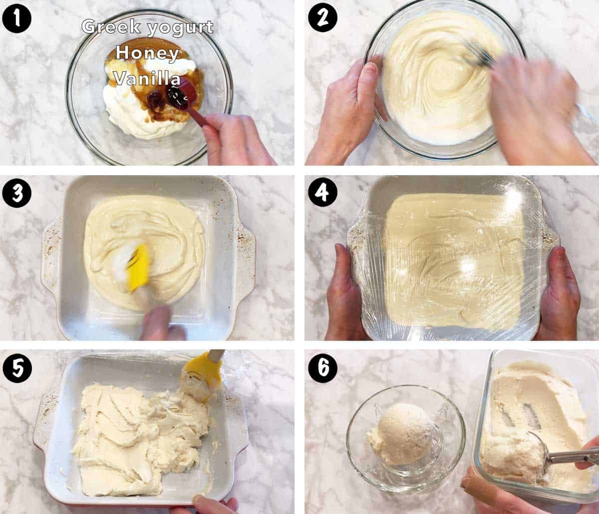 A six-photo collage showing the steps for making homemade frozen yogurt.  