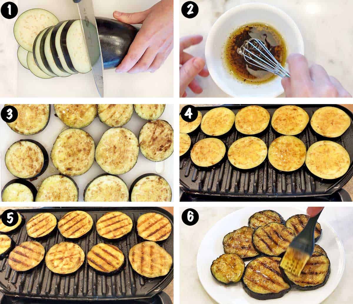 A six-photo collage showing the steps for grilling an eggplant. 