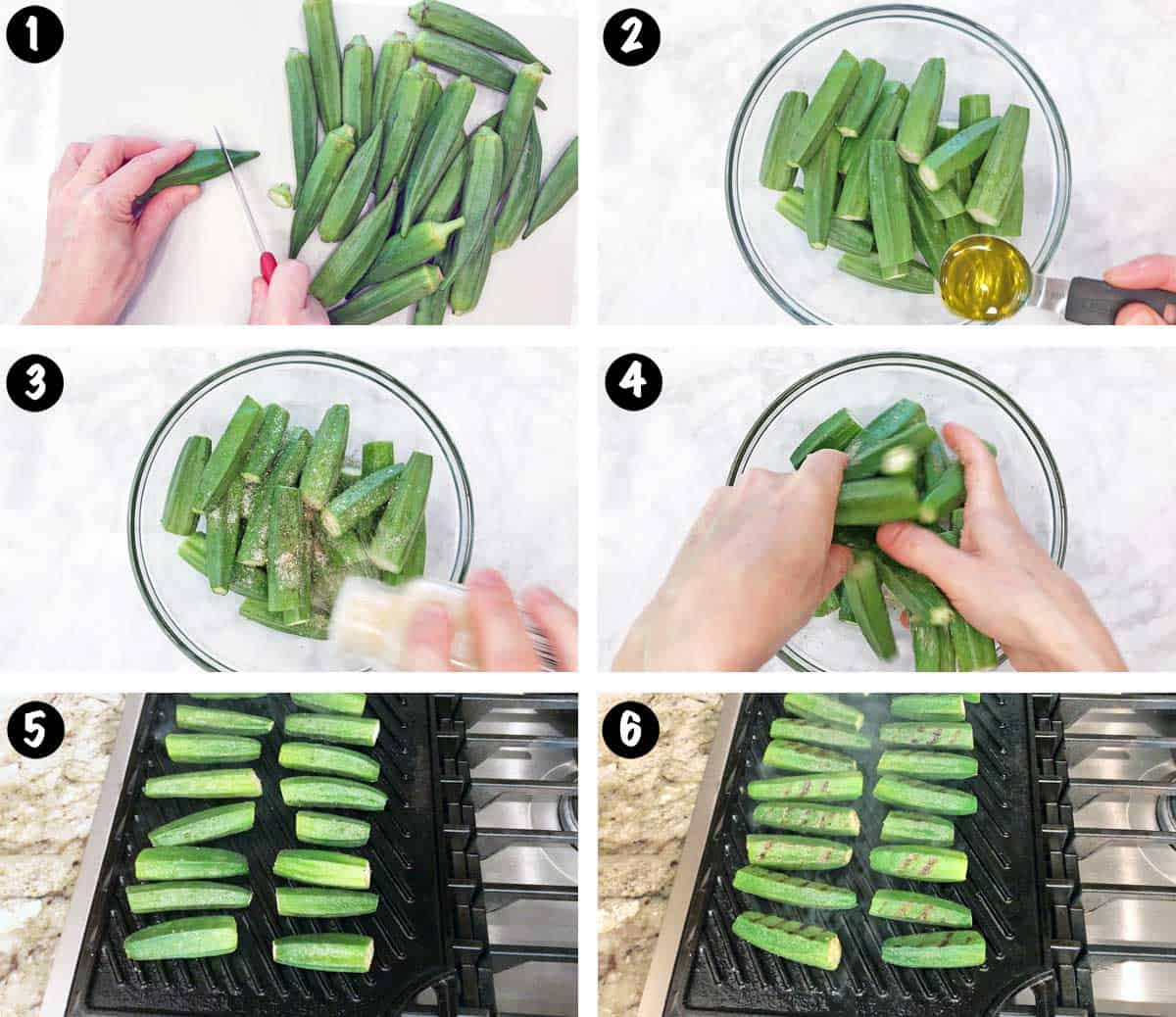 A photo collage showing the steps for grilling okra. 