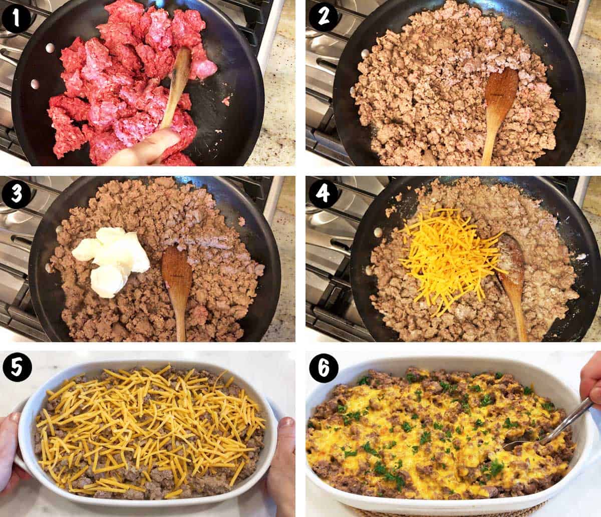 A photo collage showing the steps for making a ground beef casserole. 