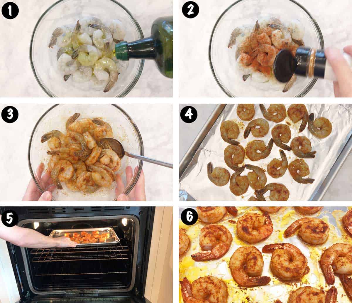 A six-photo collage showing the steps for broiling shrimp. 