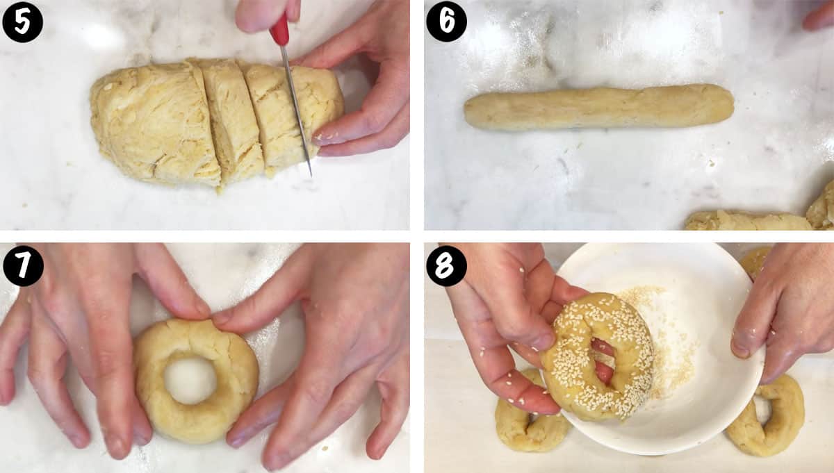 A photo collage showing steps 5-8 for making keto bagels.