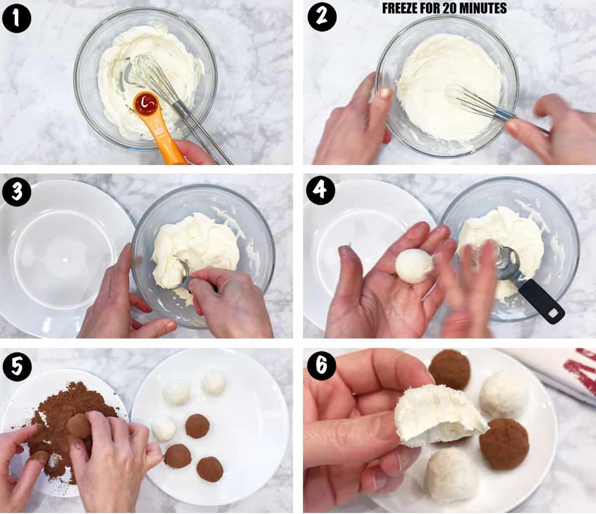 A photo collage showing the steps for making keto cheesecake bites. 