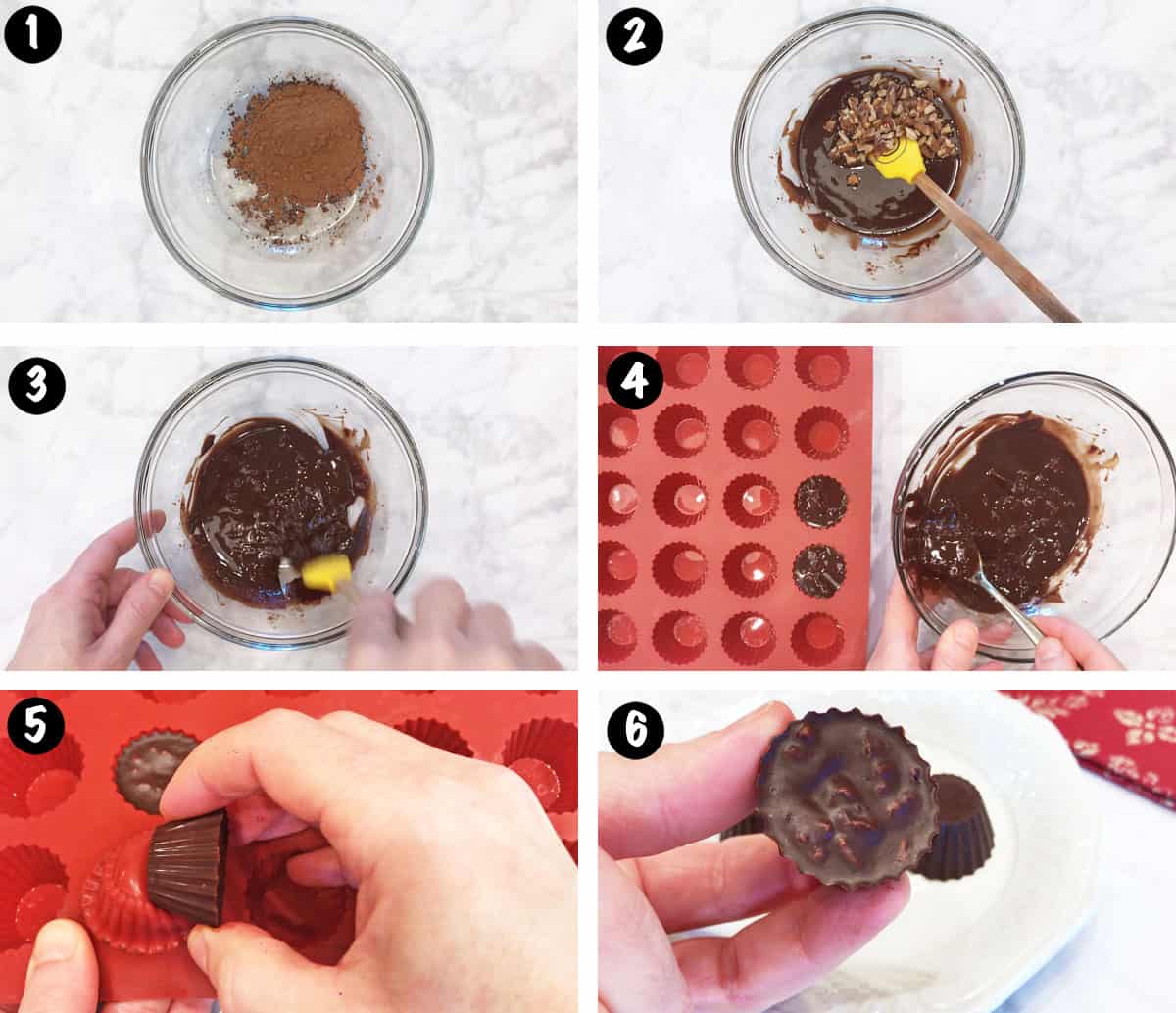 A photo collage showing the steps for making keto chocolate at home. 