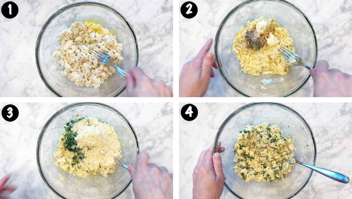 A photo collage showing steps 1-4 for making gluten-free crab cakes.