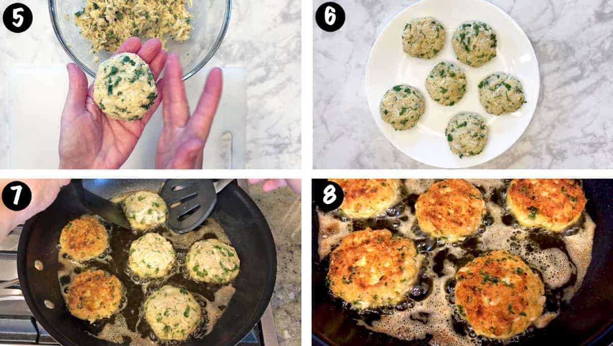 A photo collage showing steps 5-8 for making low-carb crab cakes.