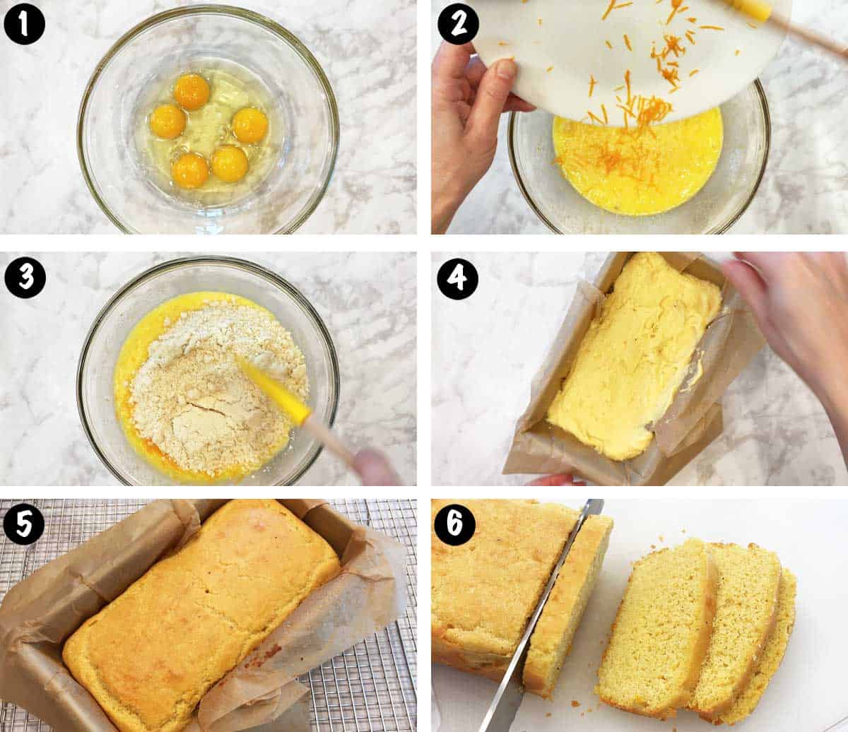 A photo collage showing the steps for making a keto pound cake. 