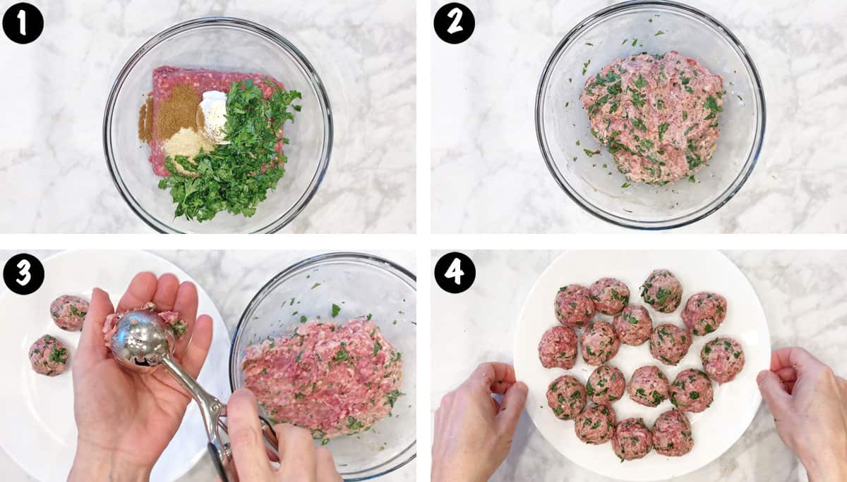 A photo collage showing steps 1-4 for making lamb meatballs.