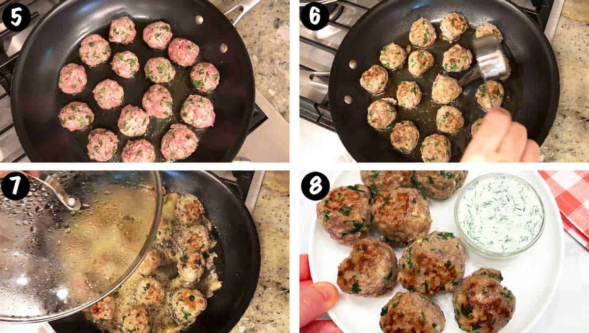A photo collage showing steps 5-8 for making lamb meatballs.
