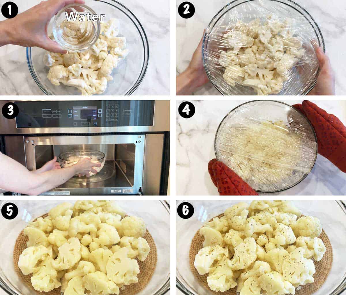 A six-photo collage showing the steps for microwaving cauliflower. 