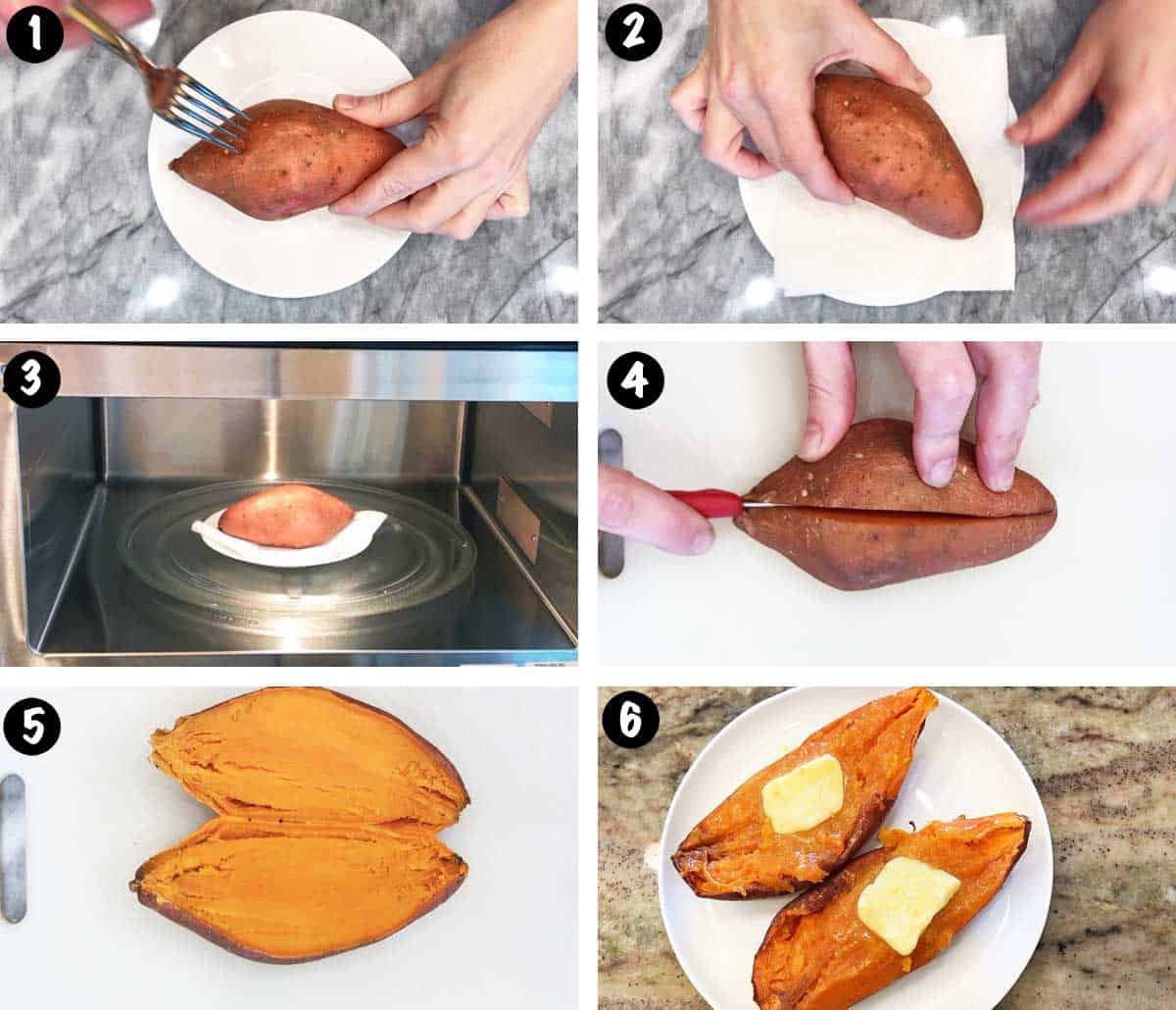 A photo collage showing the steps for cooking a sweet potato in the microwave. 