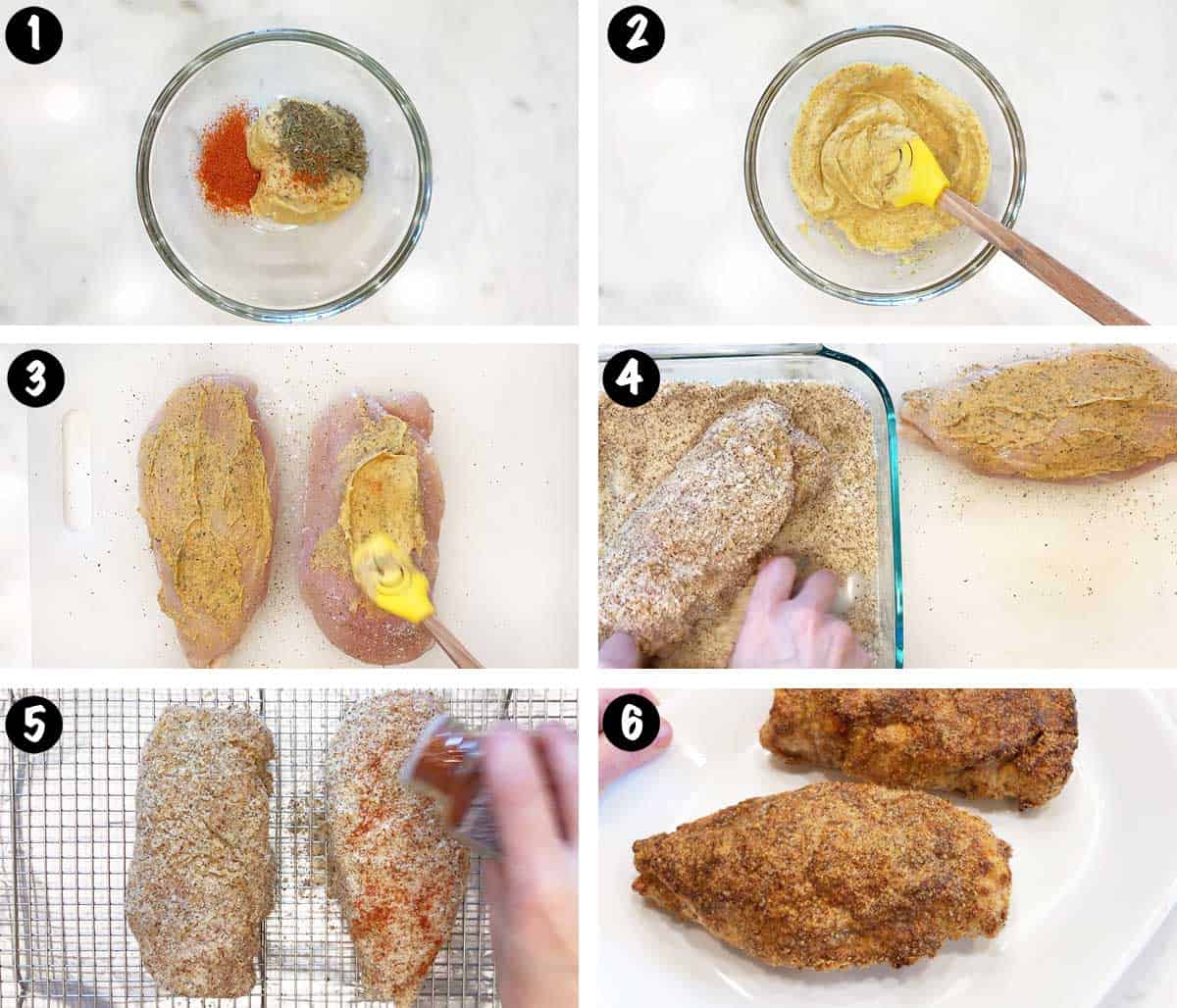 A six-photo collage showing the steps for making parmesan-crusted chicken. 