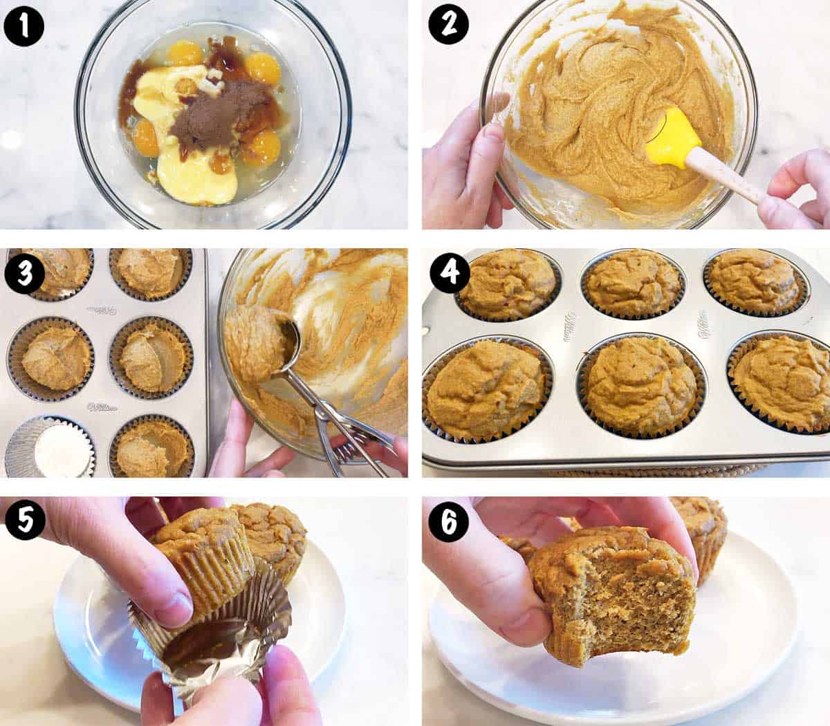 A photo collage showing the steps for making low-carb pumpkin muffins. 