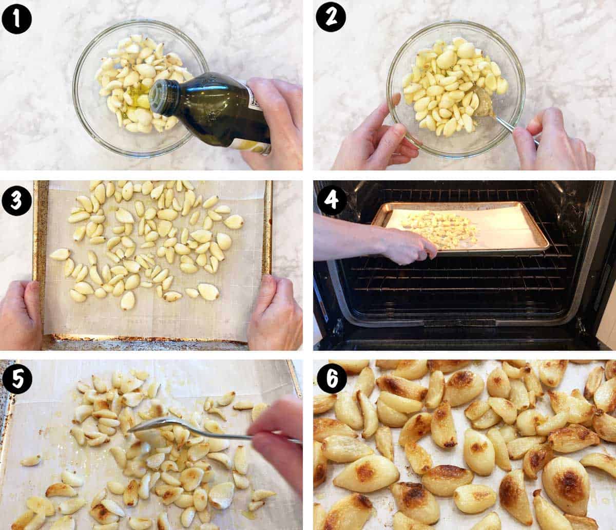 A photo collage showing the steps for roasting garlic cloves in the oven. 