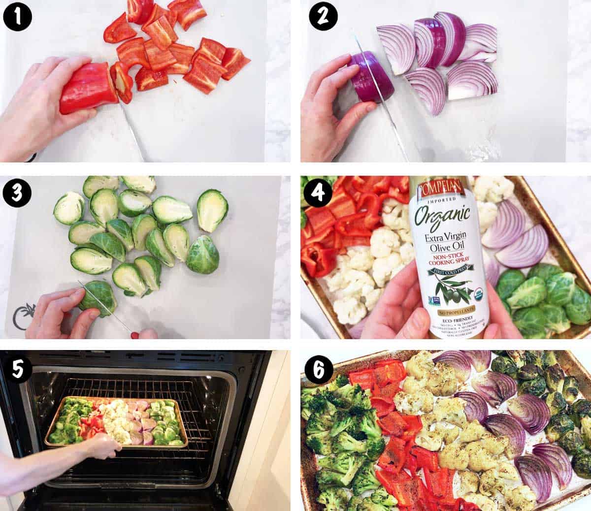 A six-photo collage showing how to roast vegetables in the oven.