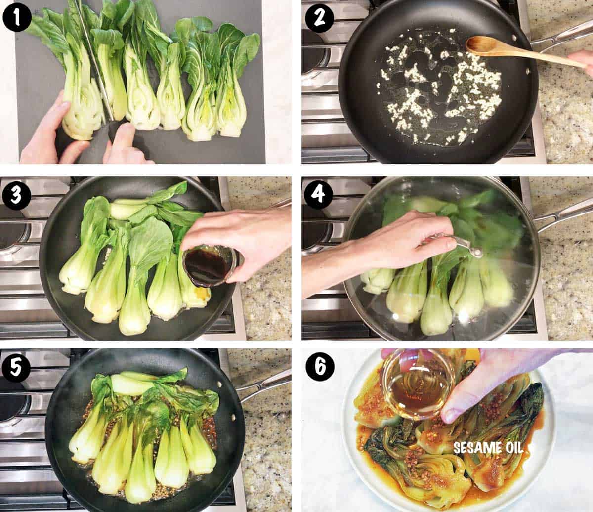 A photo collage showing the steps for cooking bok choy. 