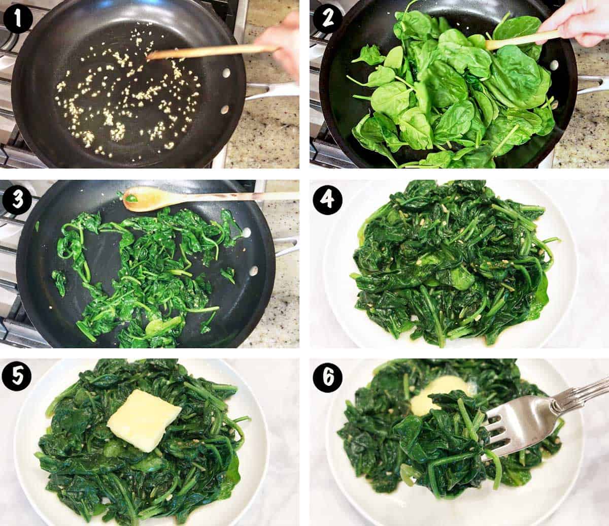 A photo collage showing the steps for sauteing spinach.