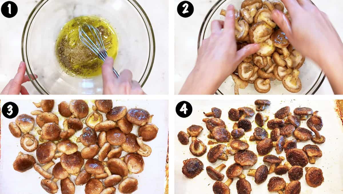 Un collage de cuatro fotografías que muestra los pasos para hornear hongos shiitake. 