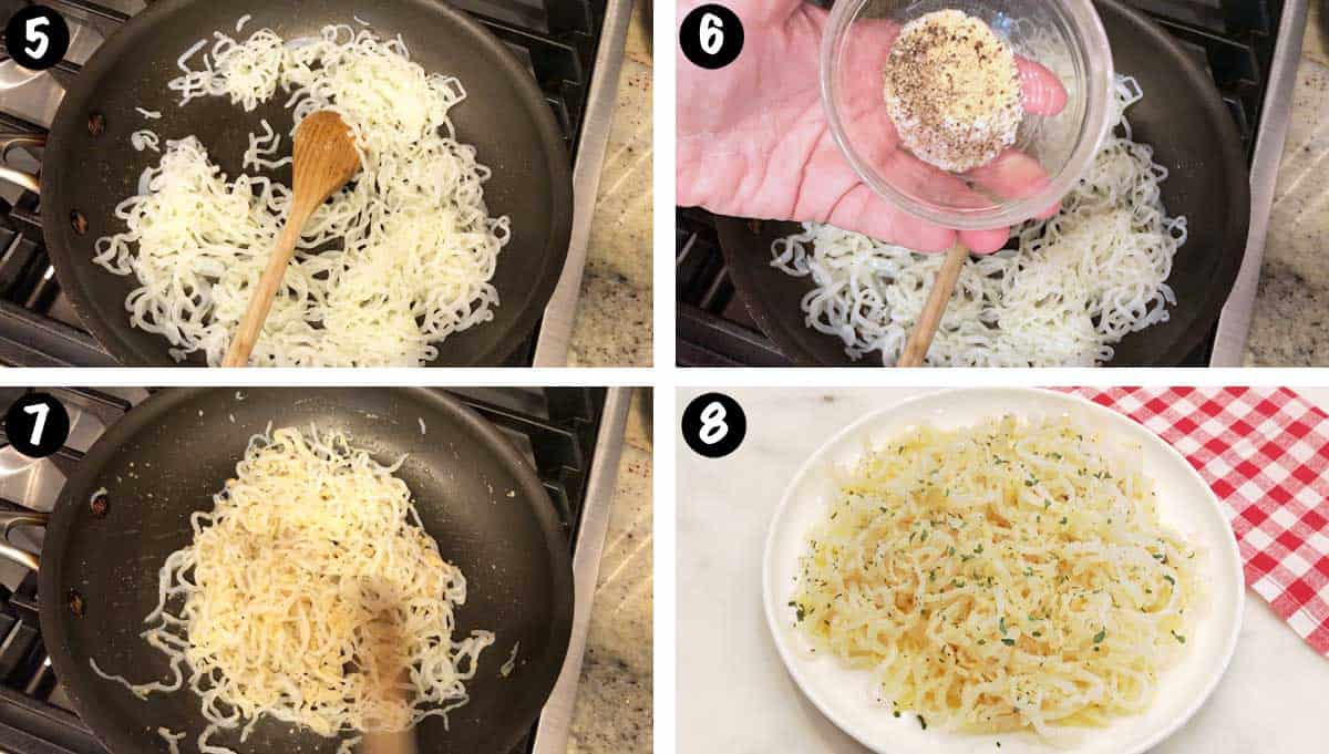 A photo collage showing steps 5-8 for making shirataki noodles.