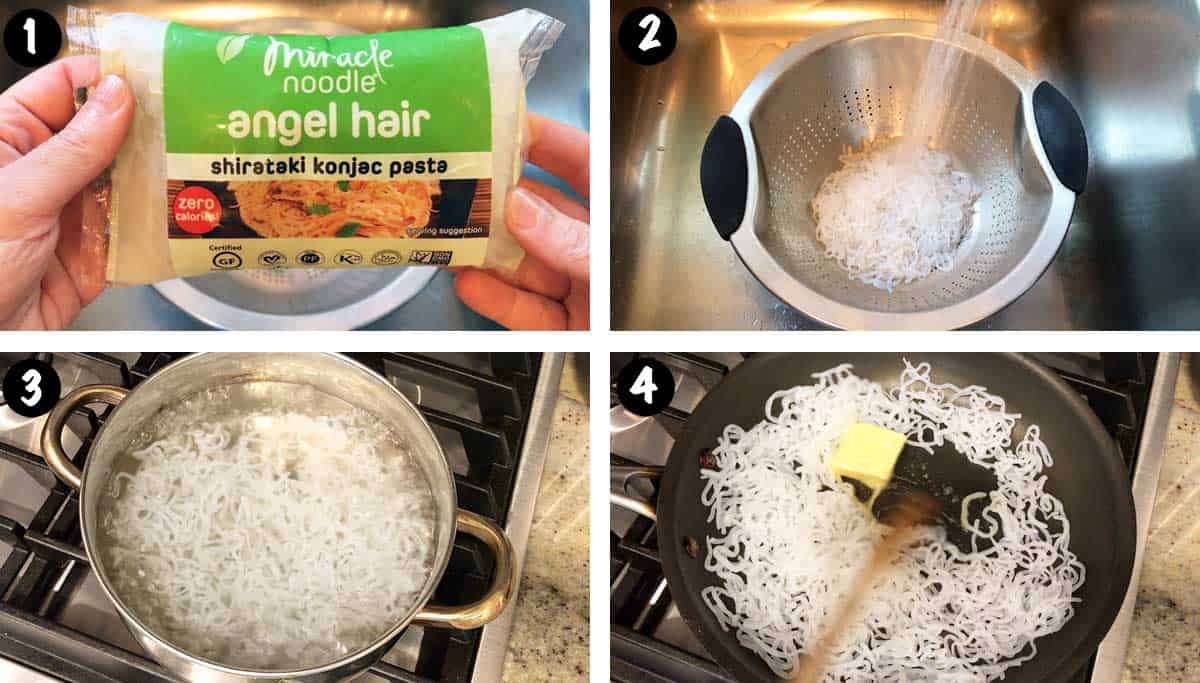 A photo collage showing steps 1-4 for cooking shirataki noodles.
