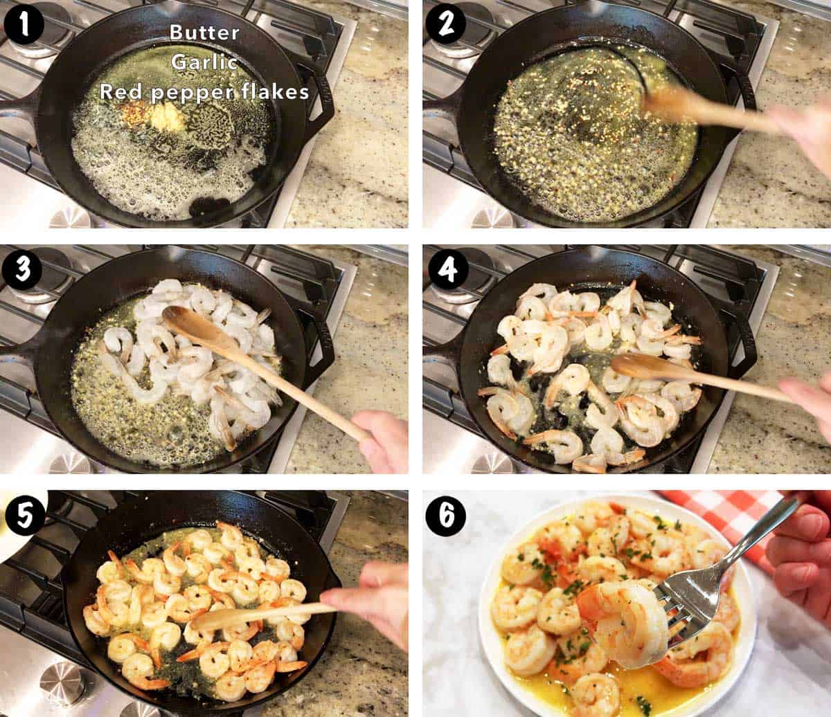A photo collage showing the steps for making shrimp scampi. 