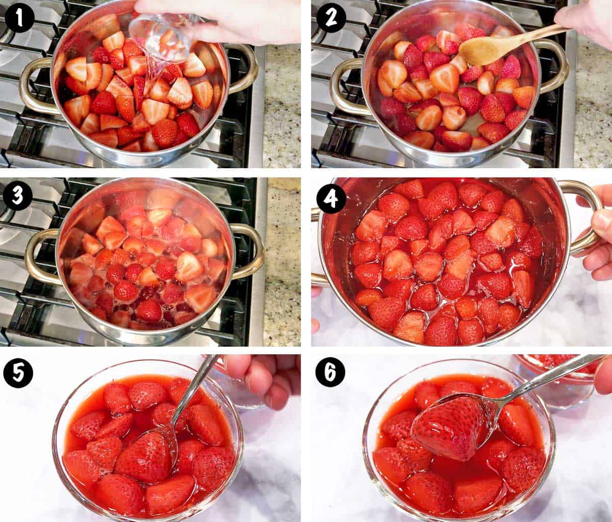 A six-photo collage showing the steps for making a strawberry compote. 