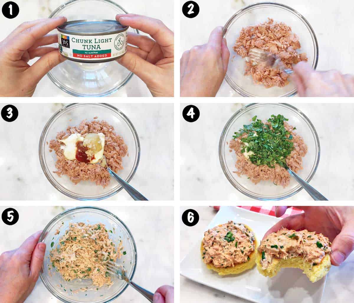 A six-photo collage showing the steps for making a low-carb tuna salad. 