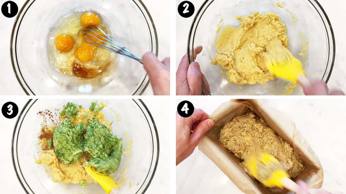A photo collage showing steps 1-4 for making a keto zucchini bread. 